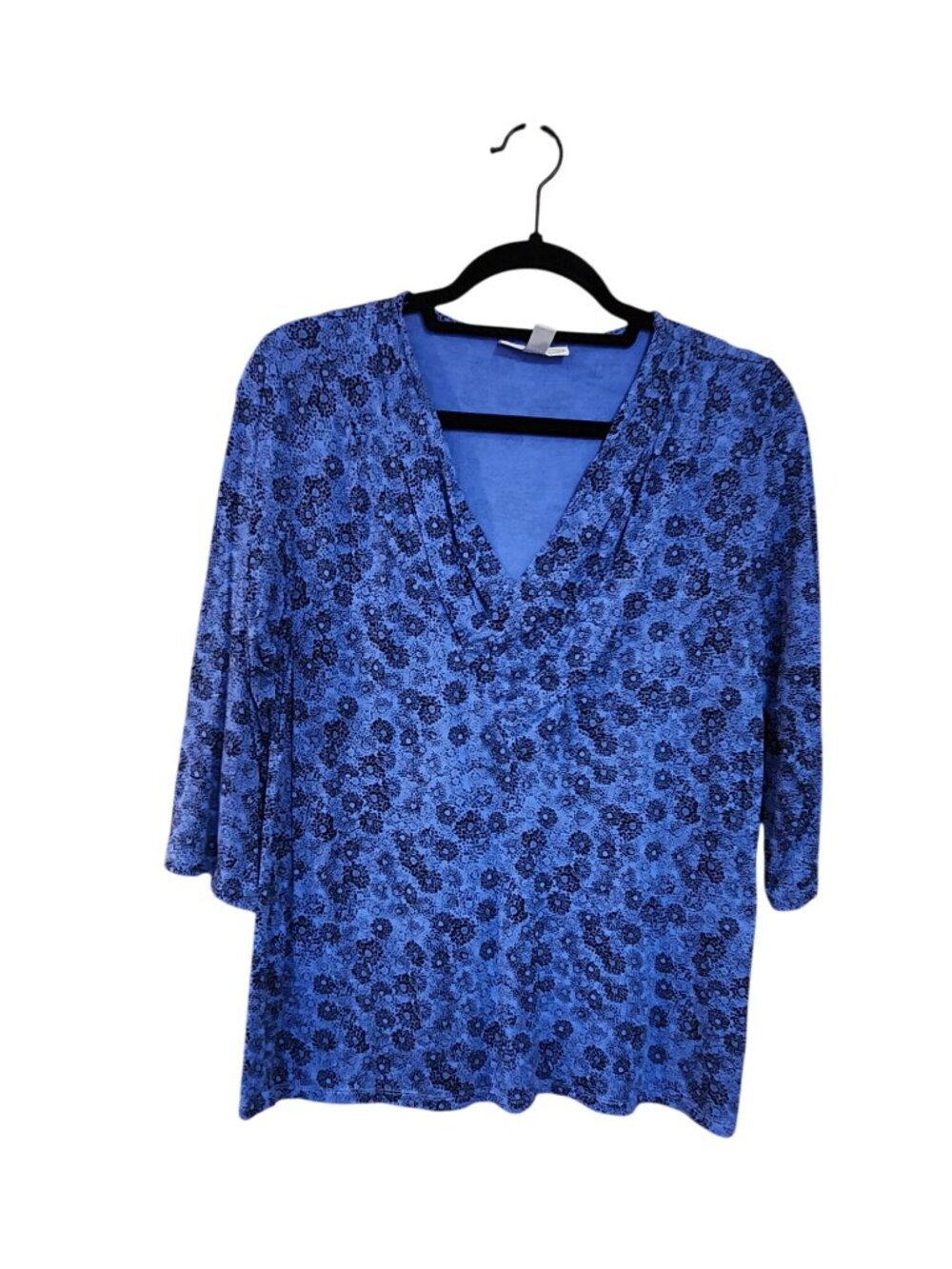 Dana Buchman Blue Floral Print V-Neck 3/4 Sleeve Womens Top Size M